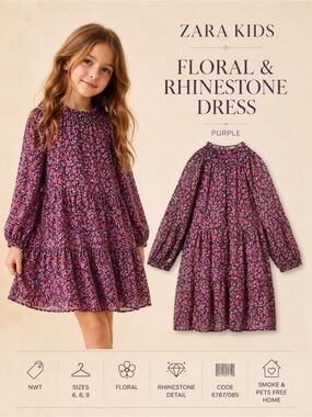 Zara Kids Purple Floral Rhinestone Dress Sizes 6 8 9 NWT Long Sleeve Girls Dress